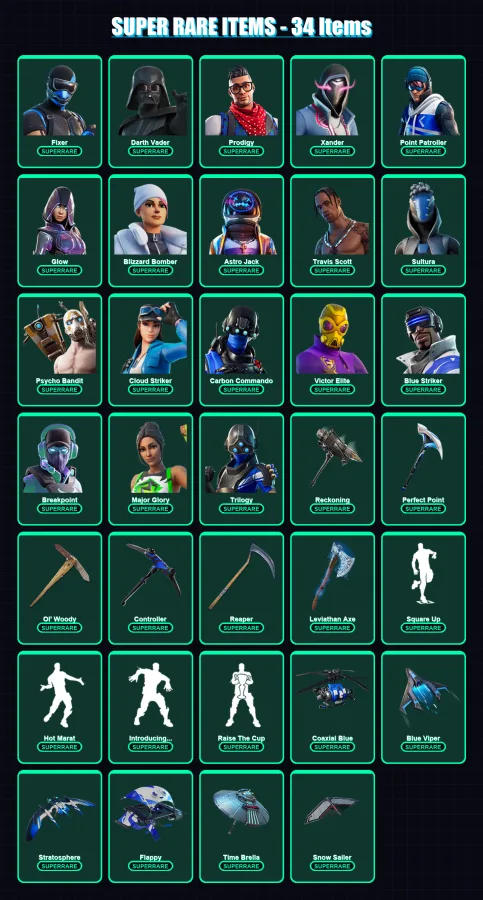 [PS4/PS5/XBOX/PC] | Fixer | Darth Vader | Prodigy | Xander | Point Patroller | 567 skin | 433 pickaxe | 332 emote | 274 glider | Lv5340