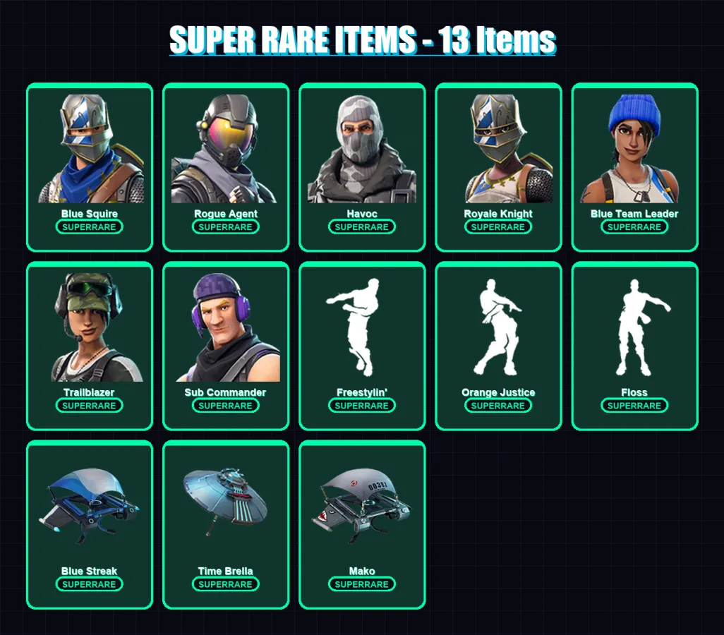 [PS4/PS5/XBOX/PC] | Blue Squire | Rogue Agent | Havoc | Royale Knight | Blue Team Leader | 45 skin | 49 pickaxe | 53 emote | 50 glider | Lv812