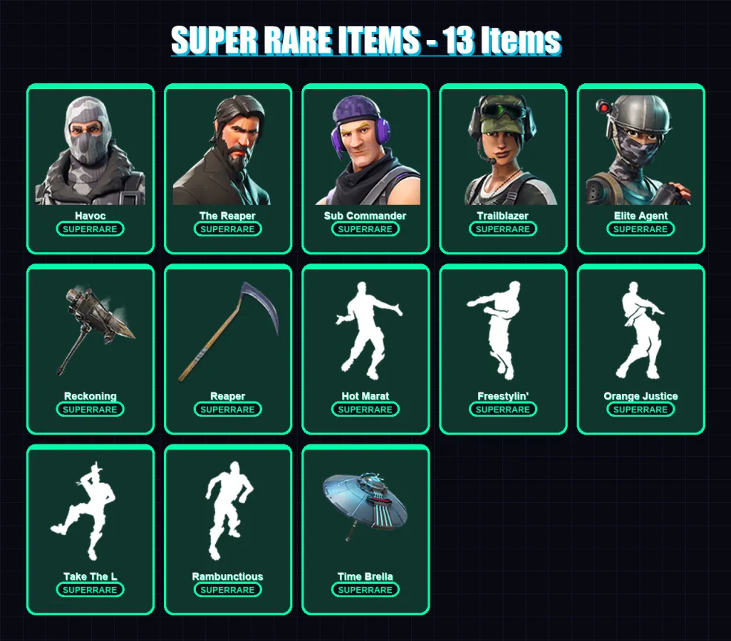 [PC/XBOX/PSN] | Havoc | The Reaper | Sub Commander | Trailblazer | Elite Agent | 81 skin | 88 pickaxe | 74 emote | 86 glider | Lv1211