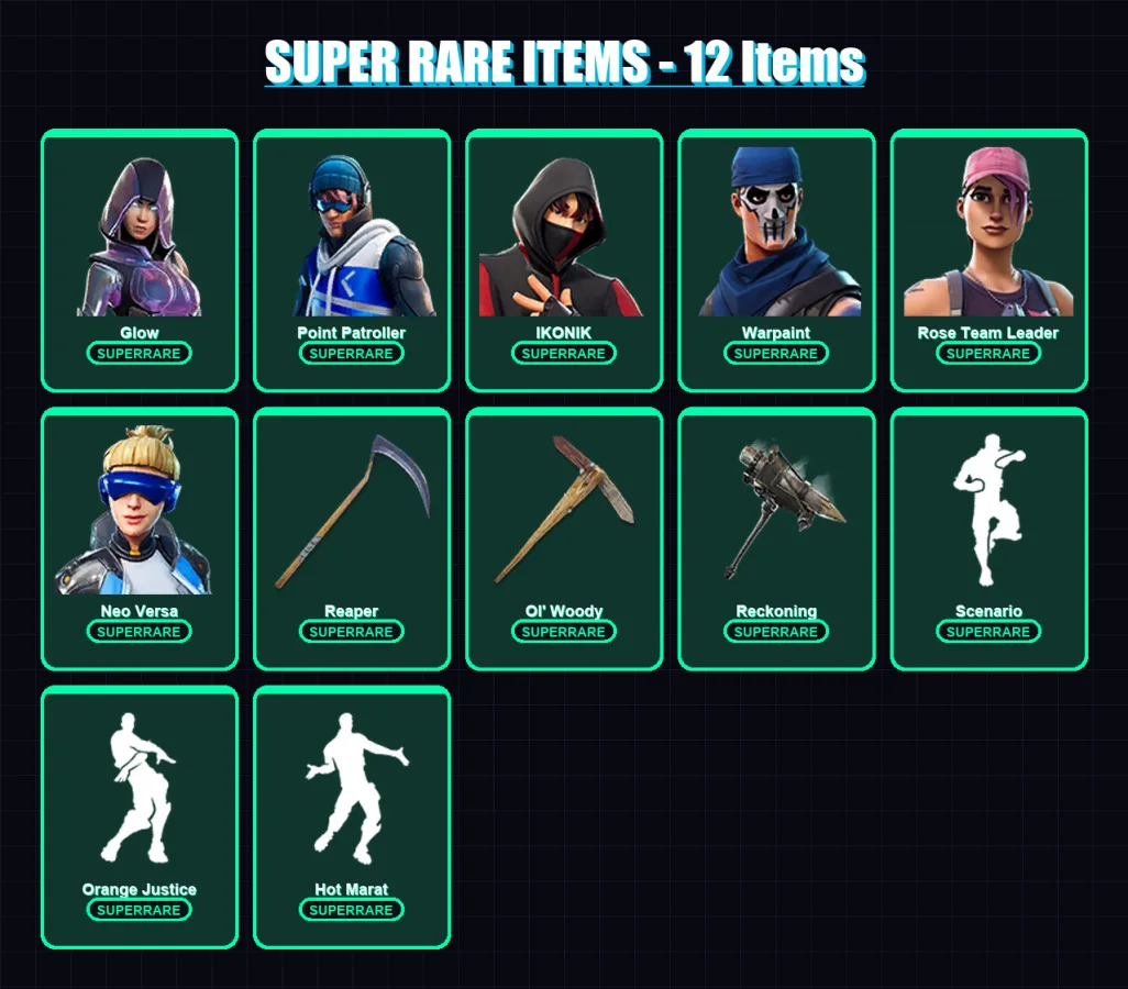 [PC/XBOX] | Glow | Point Patroller | IKONIK | Warpaint | Rose Team Leader | 69 skin | 101 pickaxe | 107 emote | 99 glider | Lv1858