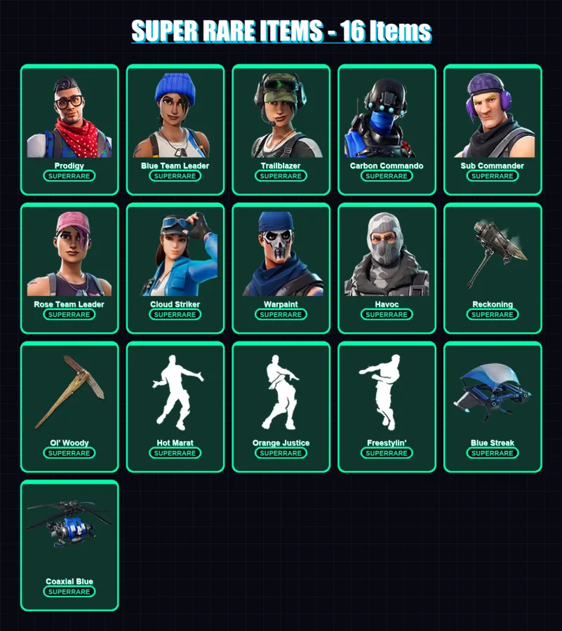 [PS4/PS5/XBOX/PC] | Prodigy | Blue Team Leader | Trailblazer | Carbon Commando | Sub Commander | 58 skin | 46 pickaxe | 54 emote | 53 glider | Lv685