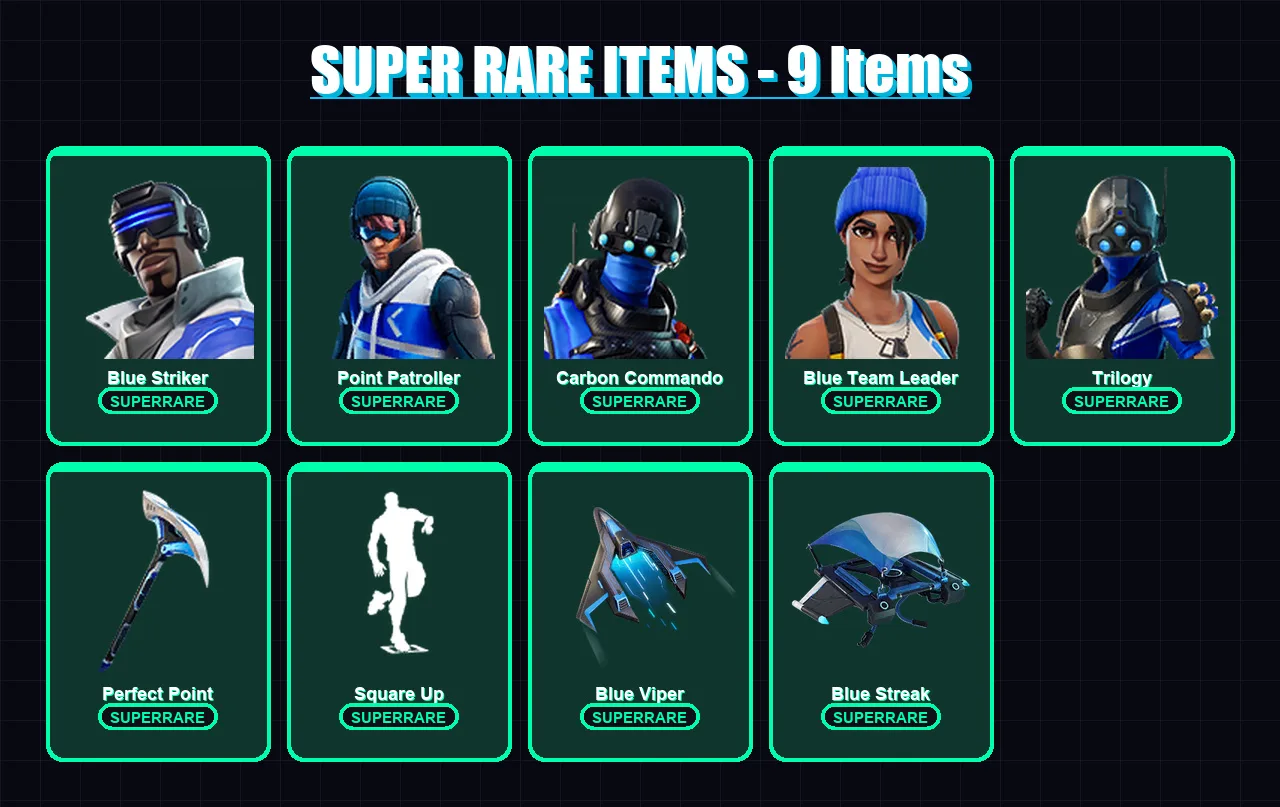 [PC/XBOX/PSN] | Blue Striker | Point Patroller | Carbon Commando | Blue Team Leader | Trilogy | 5 skin | 3 pickaxe | 4 emote | 3 glider | Lv69
