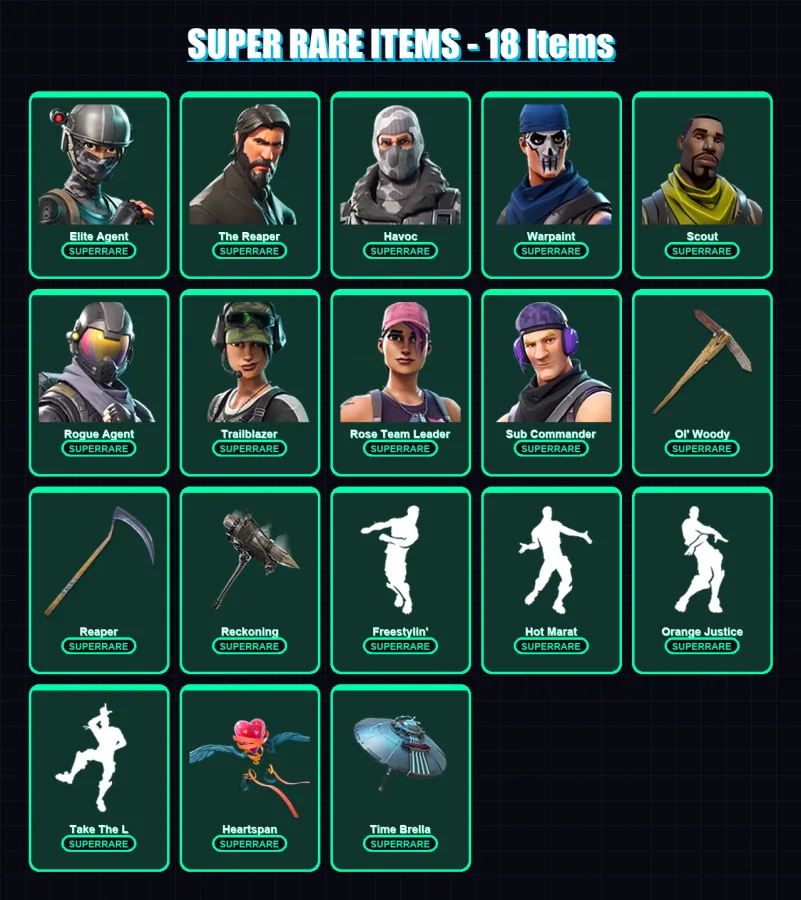 [PC/XBOX] | Elite Agent | The Reaper | Havoc | Warpaint | Scout | 113 skin | 80 pickaxe | 102 emote | 94 glider | Lv1101