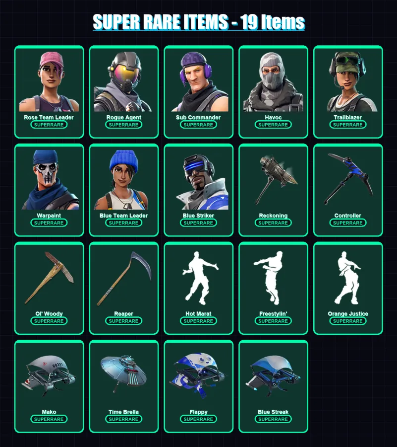 [PC/XBOX] | Rose Team Leader | Rogue Agent | Sub Commander | Havoc | Trailblazer | 65 skin | 76 pickaxe | 78 emote | 74 glider | Lv1013