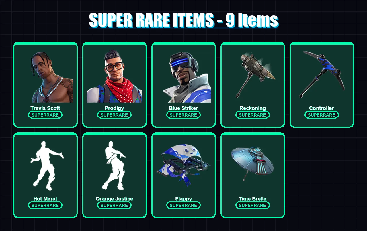 [PC] | Travis Scott | Prodigy | Blue Striker | The Ice King | Enforcer | 121 skin | 87 pickaxe | 103 emote | 79 glider | Lv1190