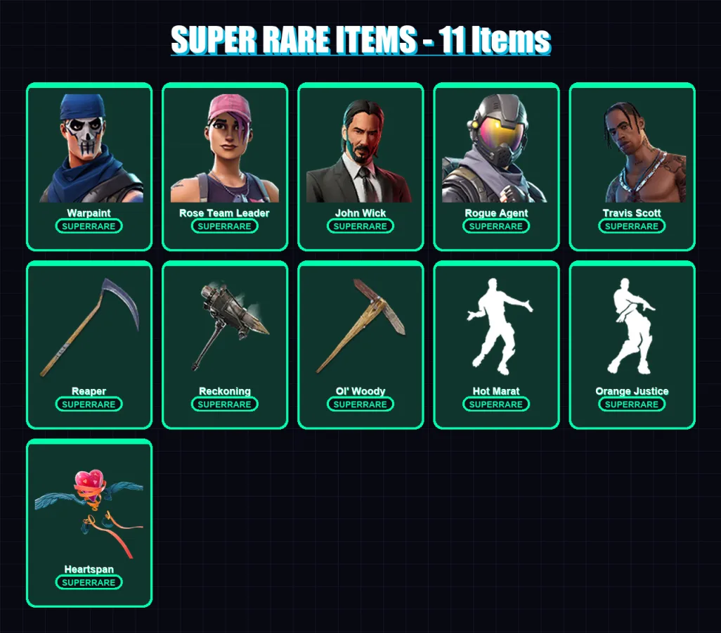 [PC/XBOX/PSN] | Warpaint | Rose Team Leader | John Wick | Rogue Agent | Travis Scott | 106 skin | 81 pickaxe | 85 emote | 89 glider | Lv1238