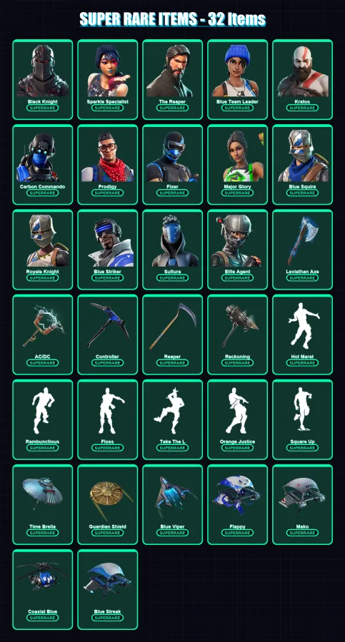 [PS4/PS5/XBOX/PC] | Black Knight | Sparkle Specialist | The Reaper | Blue Team Leader | Kratos | 84 skin | 70 pickaxe | 85 emote | 69 glider | Lv975