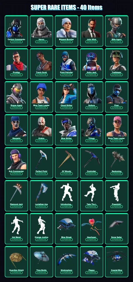 [PS4/PS5/XBOX/PC] | Carbon Commando | Havoc | Blizzard Bomber | John Wick | Elite Agent | 313 skin | 263 pickaxe | 215 emote | 219 glider | Lv2414