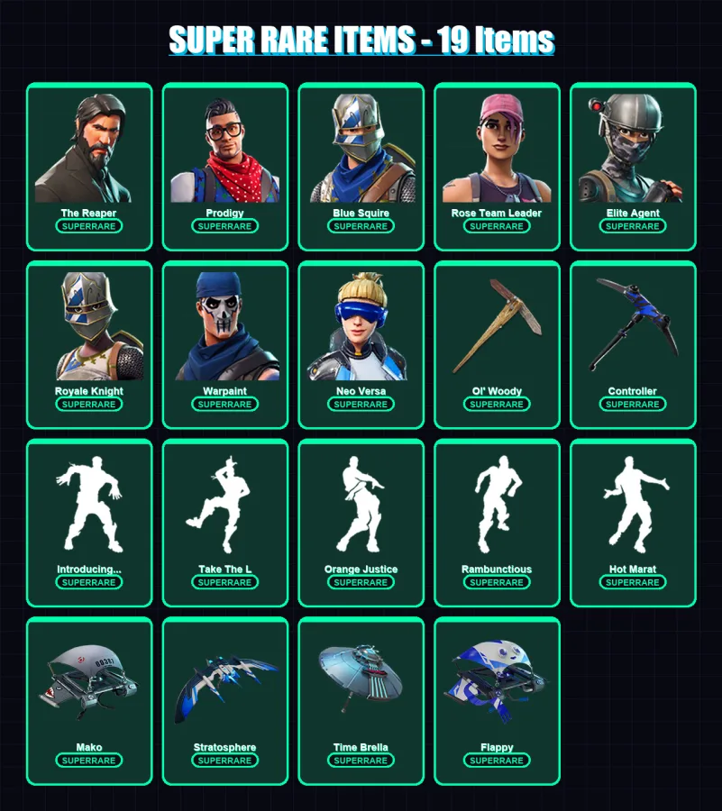 [PS4/PS5/XBOX/PC] | The Reaper | Prodigy | Blue Squire | Rose Team Leader | Elite Agent | 58 skin | 64 pickaxe | 88 emote | 74 glider | Lv947