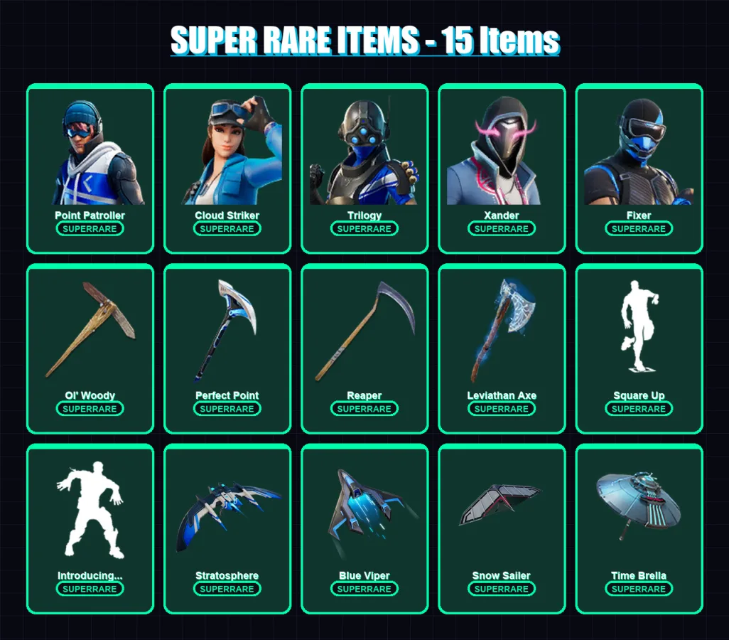 [PC] | Point Patroller | Cloud Striker | Trilogy | Xander | Fixer | 180 skin | 199 pickaxe | 99 emote | 122 glider | Lv1690