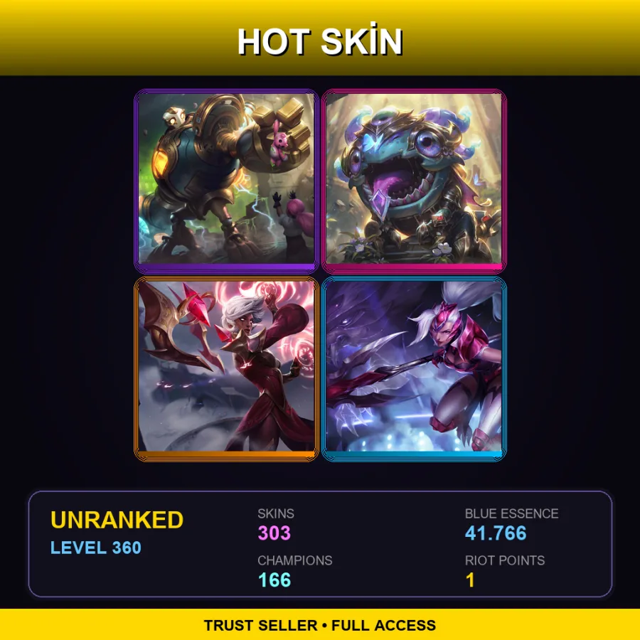 SG | Lv360 | Unranked | 303 Skin | 166 Champ — LoL account