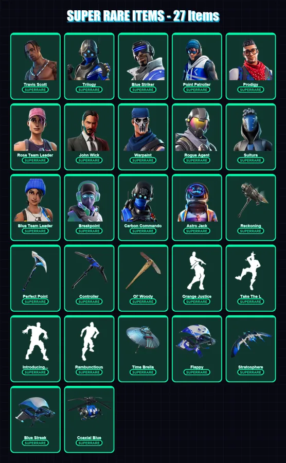 [PS4/PS5/XBOX/PC] | Travis Scott | Trilogy | Blue Striker | Point Patroller | Prodigy | 121 skin | 114 pickaxe | 116 emote | 117 glider | Lv1452