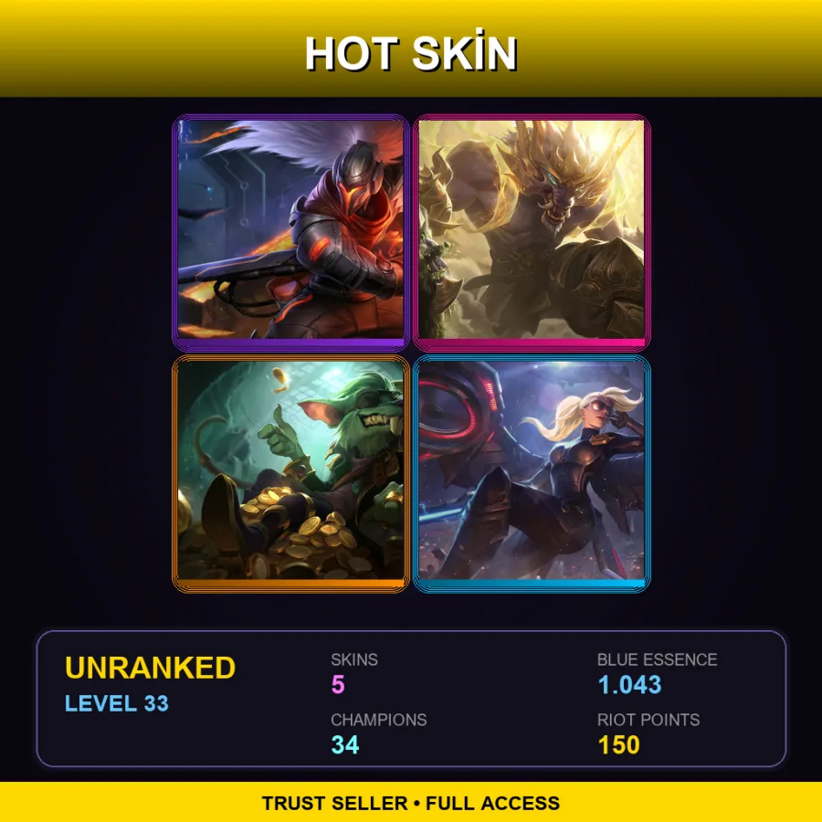EUW | Lv33 | Unranked | 5 Skin | 34 Champ — LoL account