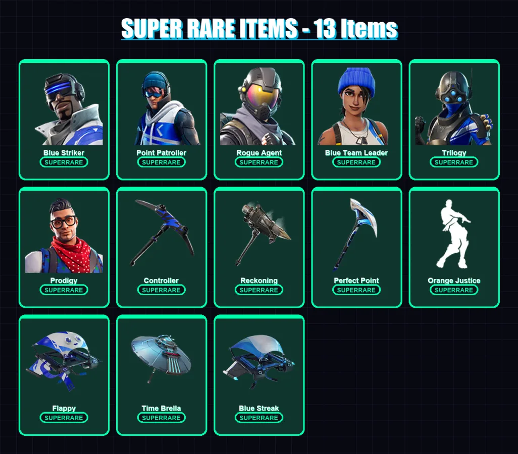 [PS4/PS5/XBOX/PC] | Blue Striker | Point Patroller | Rogue Agent | Blue Team Leader | Trilogy | 56 skin | 83 pickaxe | 70 emote | 85 glider | Lv1092