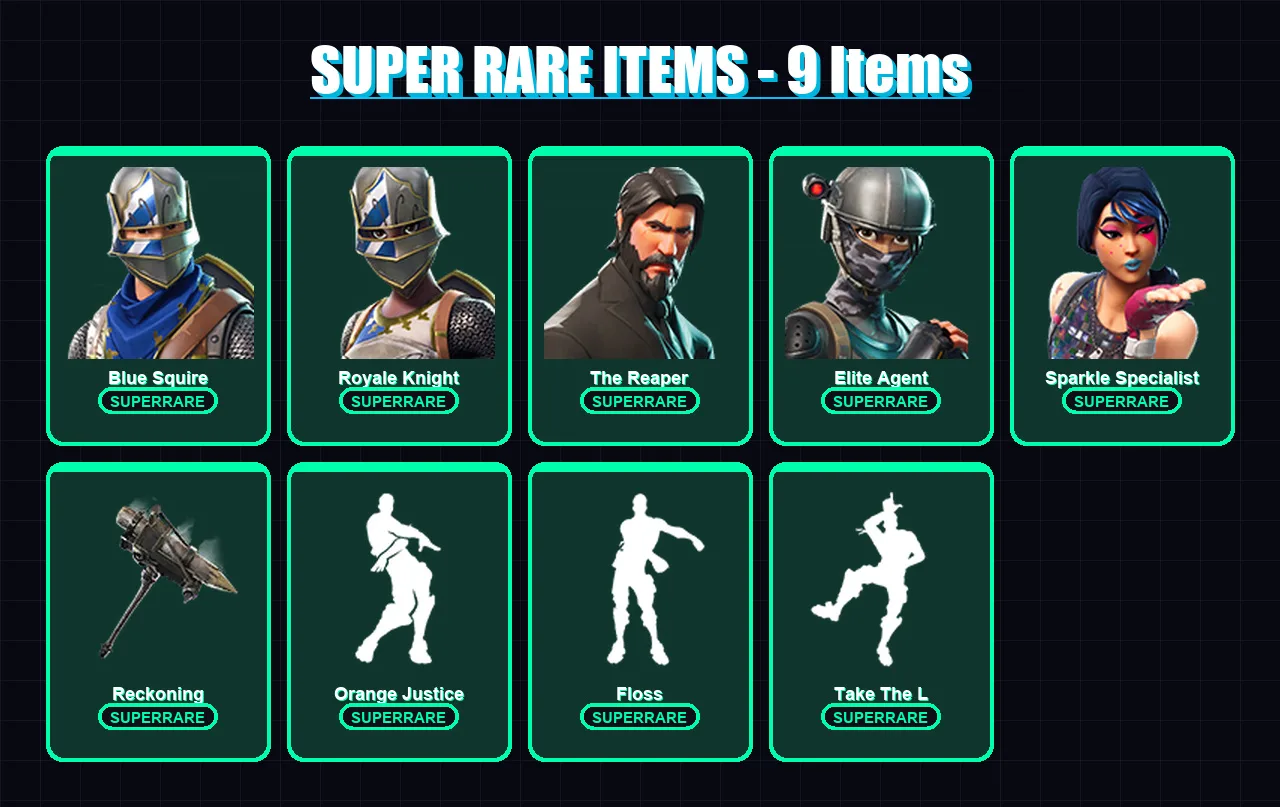 [PC/XBOX/PSN] | Blue Squire | Royale Knight | The Reaper | Elite Agent | Sparkle Specialist | 25 skin | 16 pickaxe | 24 emote | 21 glider | Lv327