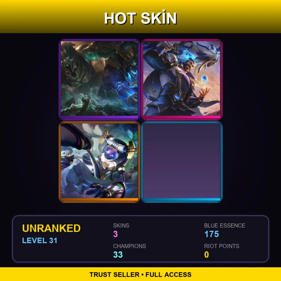 EUW | Lv31 | Unranked | 3 Skin | 33 Champ — LoL account