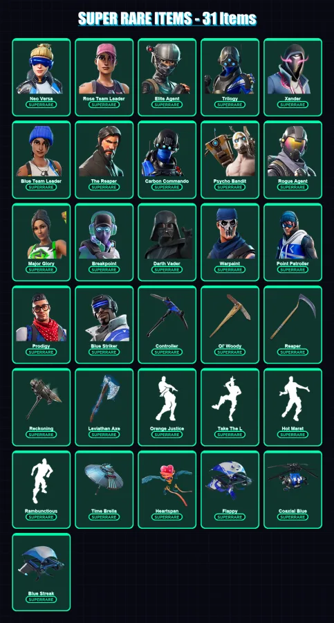 [PC/XBOX/PSN] | Neo Versa | Rose Team Leader | Elite Agent | Trilogy | Xander | 605 skin | 417 pickaxe | 350 emote | 276 glider | Lv4541