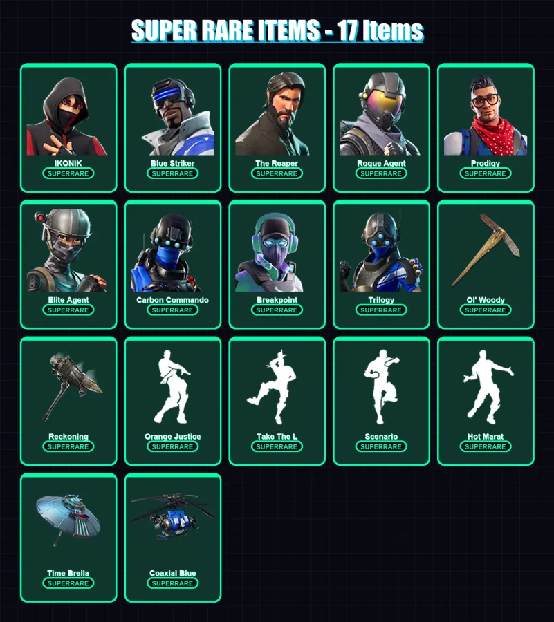 [PS4/PS5/XBOX/PC] | IKONIK | Blue Striker | The Reaper | Rogue Agent | Prodigy | 251 skin | 211 pickaxe | 157 emote | 159 glider | Lv2092