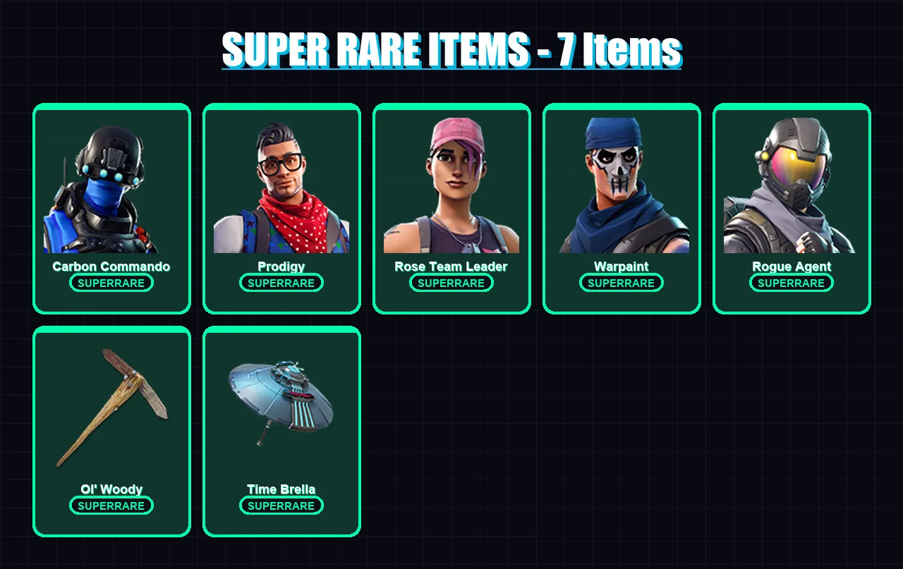 [PS4/PS5/XBOX/PC] | Carbon Commando | Prodigy | Rose Team Leader | Warpaint | Rogue Agent | 22 skin | 31 pickaxe | 25 emote | 40 glider | Lv600