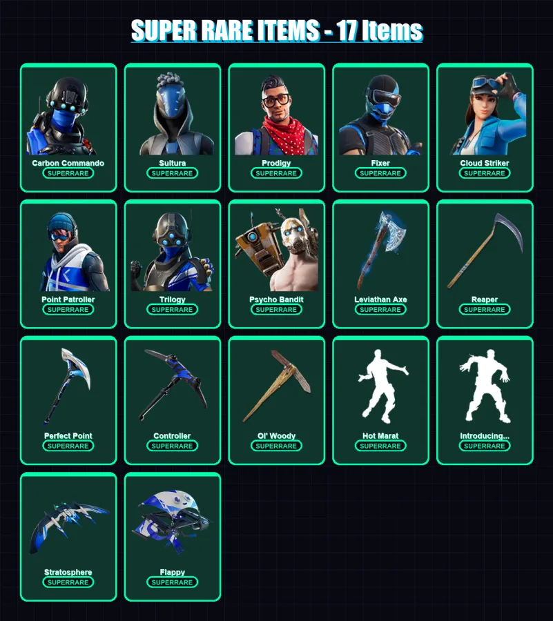 [PC/XBOX] | Carbon Commando | Sultura | Prodigy | Fixer | Cloud Striker | 110 skin | 110 pickaxe | 78 emote | 71 glider | Lv1004