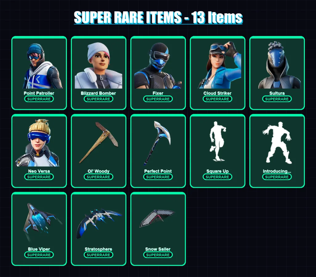 [PC/PSN] | Point Patroller | Blizzard Bomber | Fixer | Cloud Striker | Sultura | 75 skin | 90 pickaxe | 57 emote | 74 glider | Lv1057