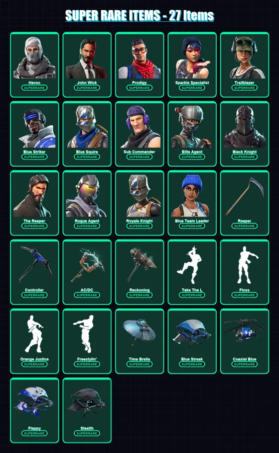[PC/PSN] | Havoc | John Wick | Prodigy | Sparkle Specialist | Trailblazer | 222 skin | 200 pickaxe | 145 emote | 145 glider | Lv2283