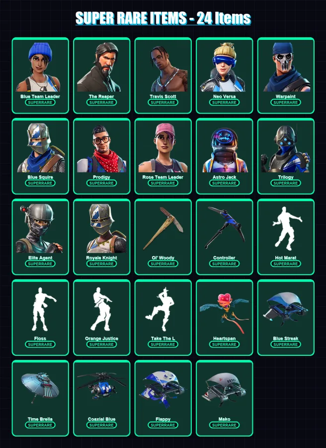 [PS4/PS5/XBOX/PC] | Blue Team Leader | The Reaper | Travis Scott | Neo Versa | Warpaint | 98 skin | 96 pickaxe | 96 emote | 108 glider | Lv1488