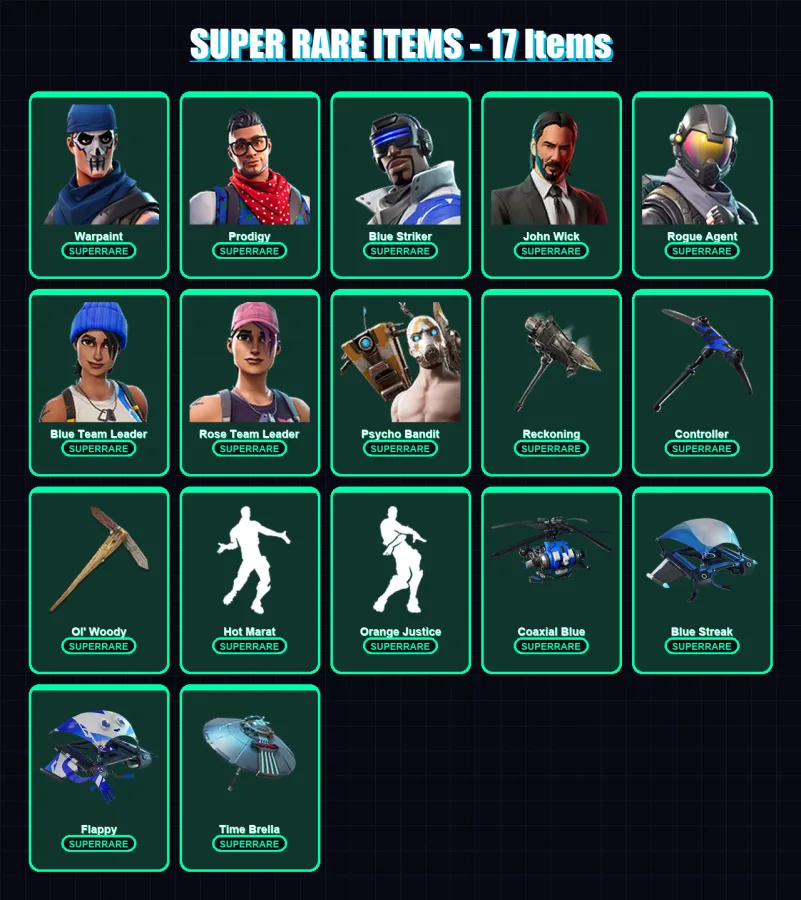 [PC] | Warpaint | Prodigy | Blue Striker | John Wick | Rogue Agent | 101 skin | 92 pickaxe | 100 emote | 102 glider | Lv1194
