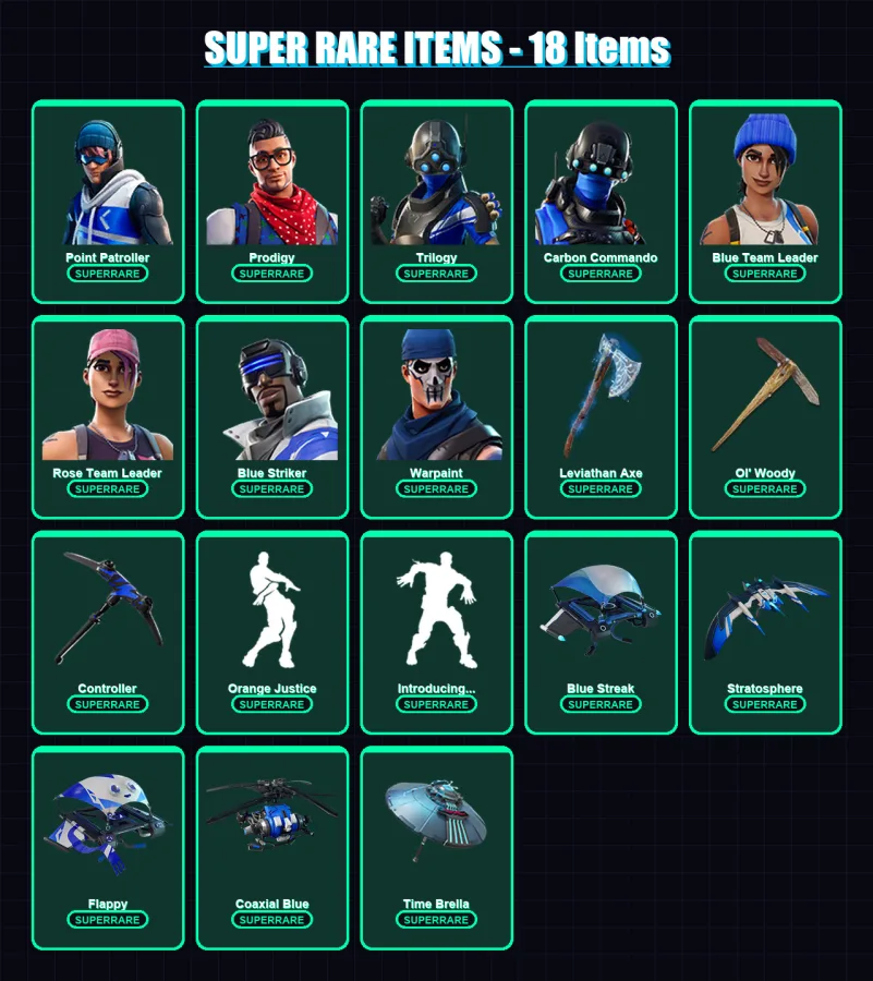 [PS4/PS5/XBOX/PC] | Point Patroller | Prodigy | Trilogy | Carbon Commando | Blue Team Leader | 49 skin | 92 pickaxe | 70 emote | 97 glider | Lv1228