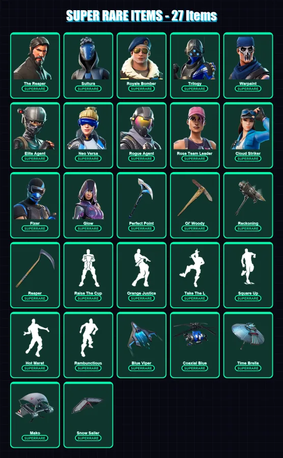 [PS4/PS5/PC] | The Reaper | Sultura | Royale Bomber | Trilogy | Warpaint | 262 skin | 292 pickaxe | 238 emote | 227 glider | Lv2974