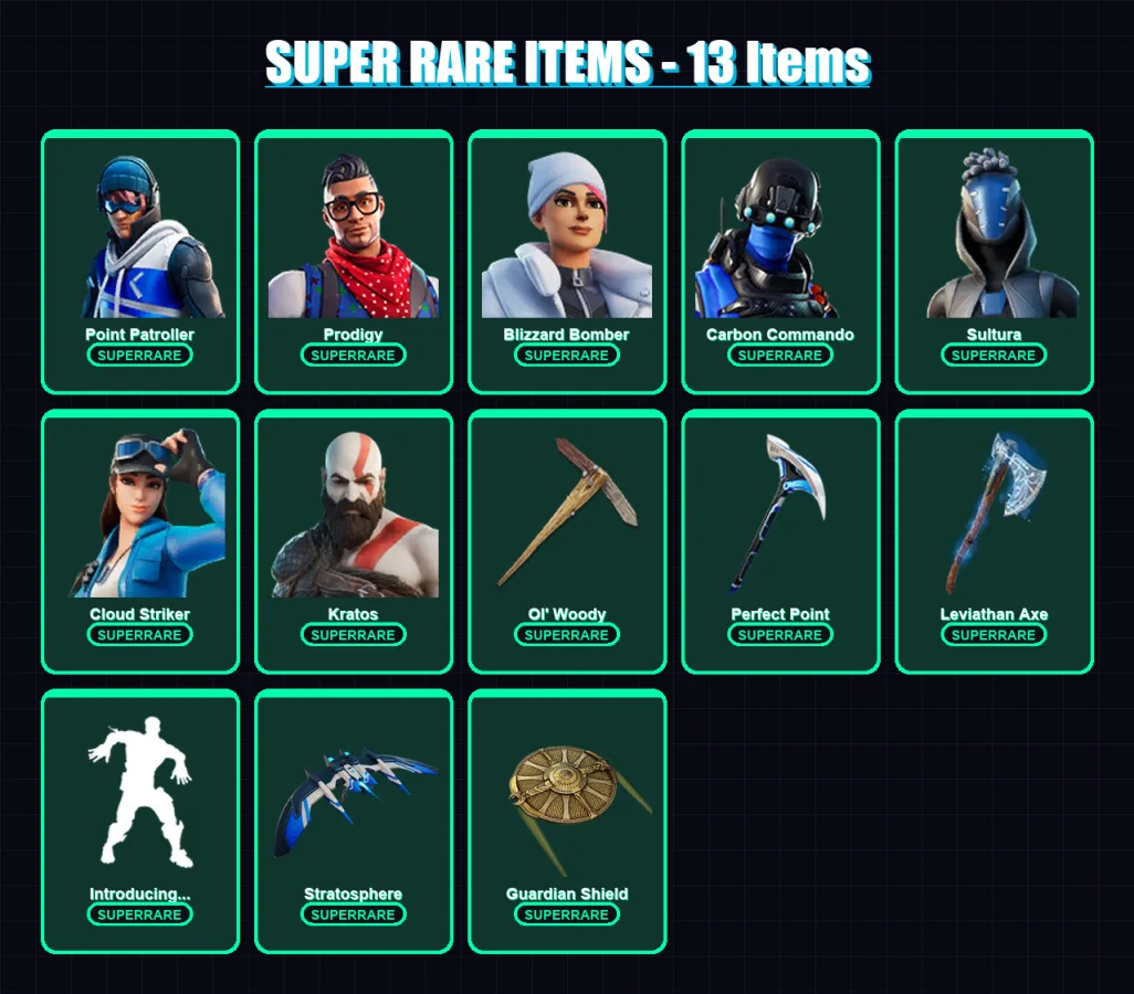 [PC/XBOX/PSN] | Point Patroller | Prodigy | Blizzard Bomber | Carbon Commando | Sultura | 65 skin | 67 pickaxe | 35 emote | 35 glider | Lv429