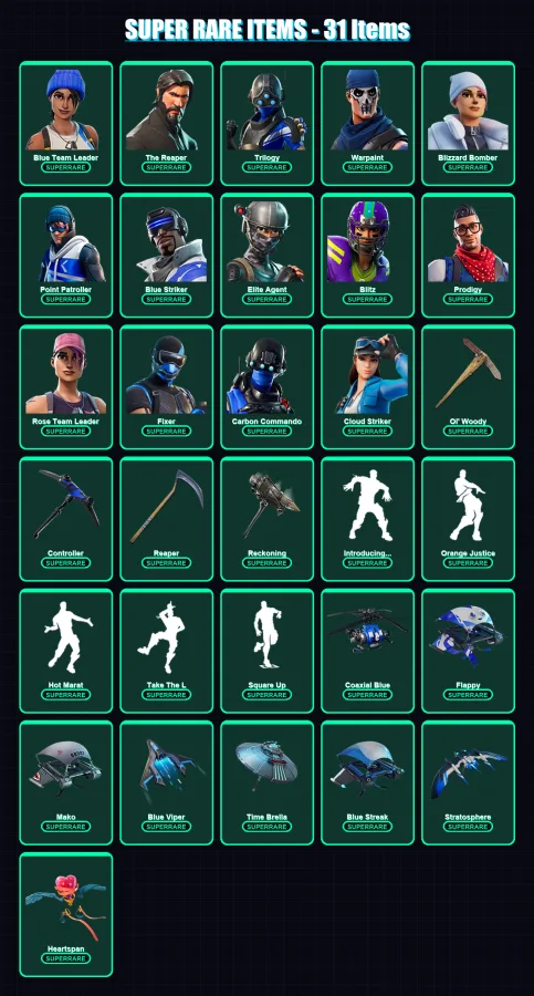 [PS4/PS5/XBOX/PC] | Blue Team Leader | The Reaper | Trilogy | Warpaint | Blizzard Bomber | 181 skin | 177 pickaxe | 140 emote | 172 glider | Lv2151