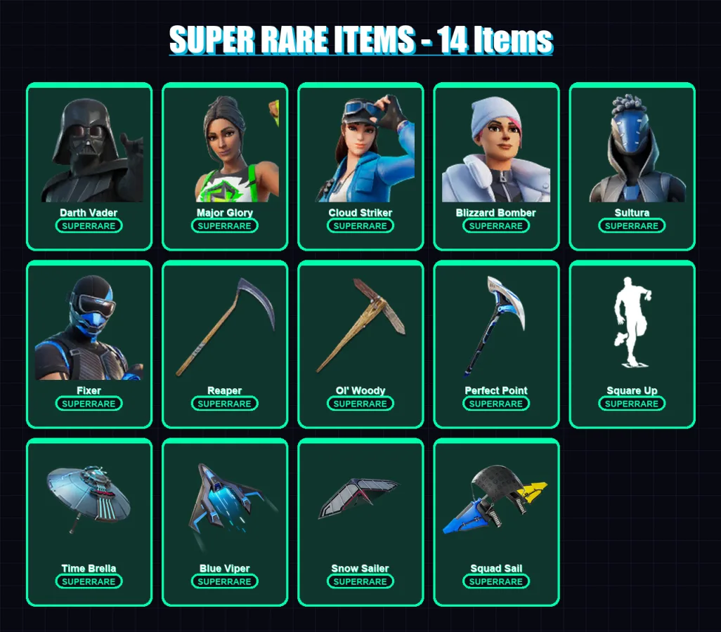 [PS4/PS5/PC] | Darth Vader | Major Glory | Cloud Striker | Blizzard Bomber | Sultura | 274 skin | 310 pickaxe | 202 emote | 206 glider | Lv3831
