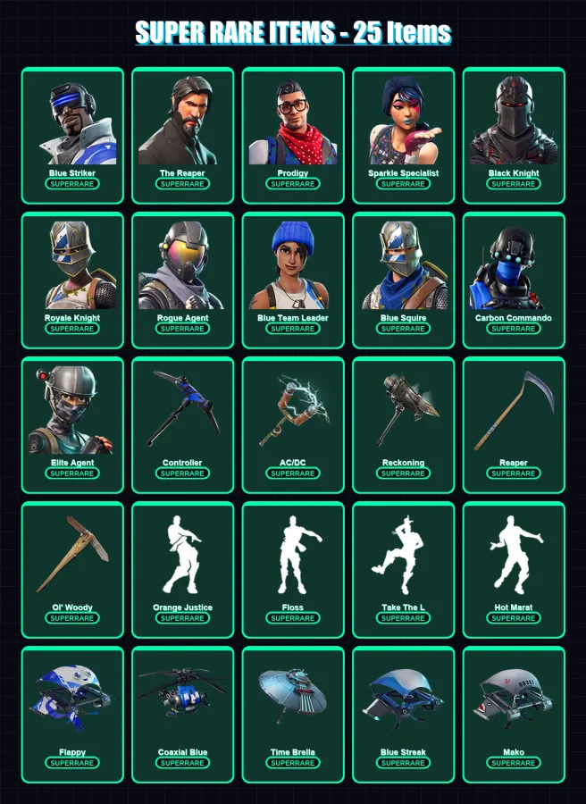 [PC/XBOX/PSN] | Blue Striker | The Reaper | Prodigy | Sparkle Specialist | Black Knight | 99 skin | 80 pickaxe | 93 emote | 95 glider | Lv1504