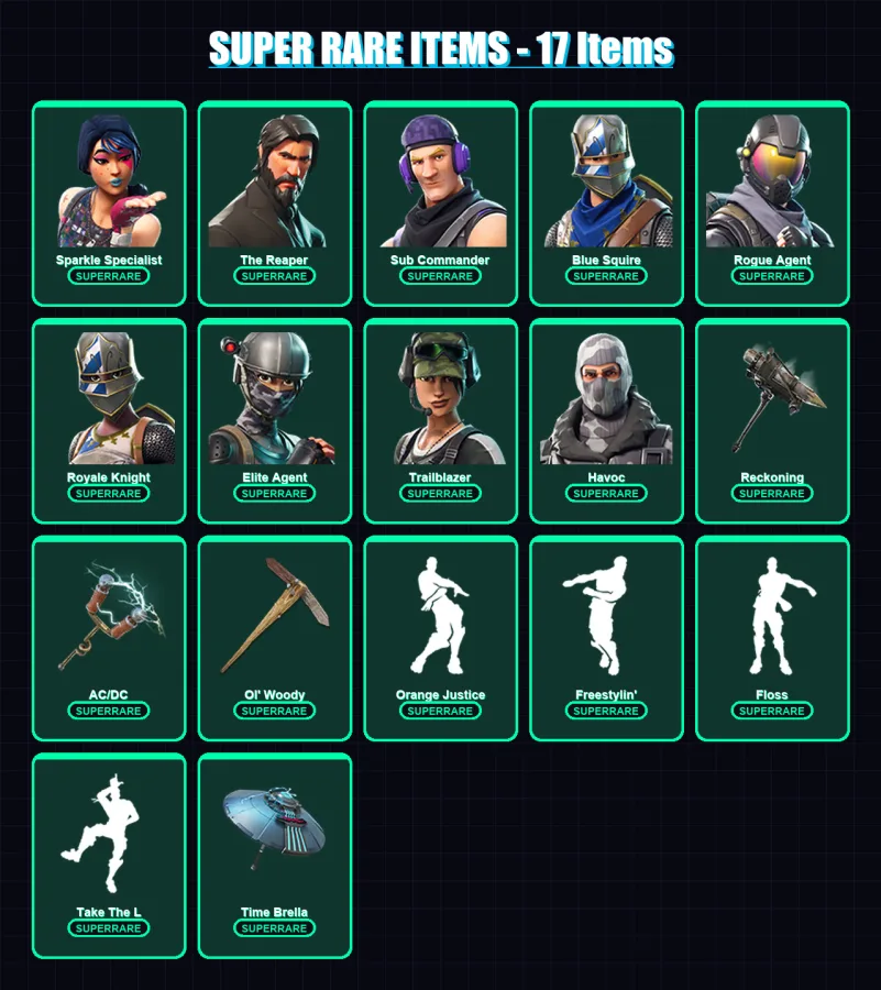 [PC/XBOX/PSN] | Sparkle Specialist | The Reaper | Sub Commander | Blue Squire | Rogue Agent | 60 skin | 43 pickaxe | 49 emote | 49 glider | Lv617