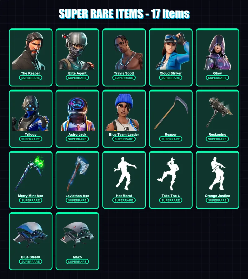 [PC/XBOX] | The Reaper | Elite Agent | Travis Scott | Cloud Striker | Glow | 158 skin | 133 pickaxe | 146 emote | 100 glider | Lv2051