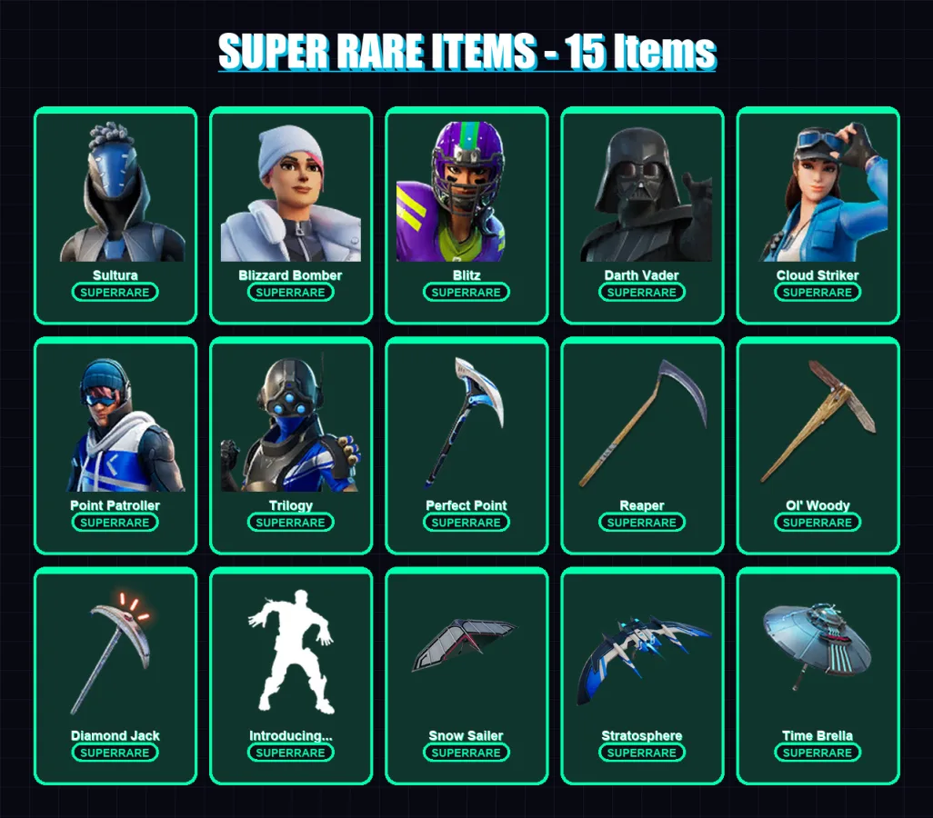 [PC] | Sultura | Blizzard Bomber | Blitz | Darth Vader | Cloud Striker | 396 skin | 355 pickaxe | 317 emote | 238 glider | Lv4023 — Fortnite account