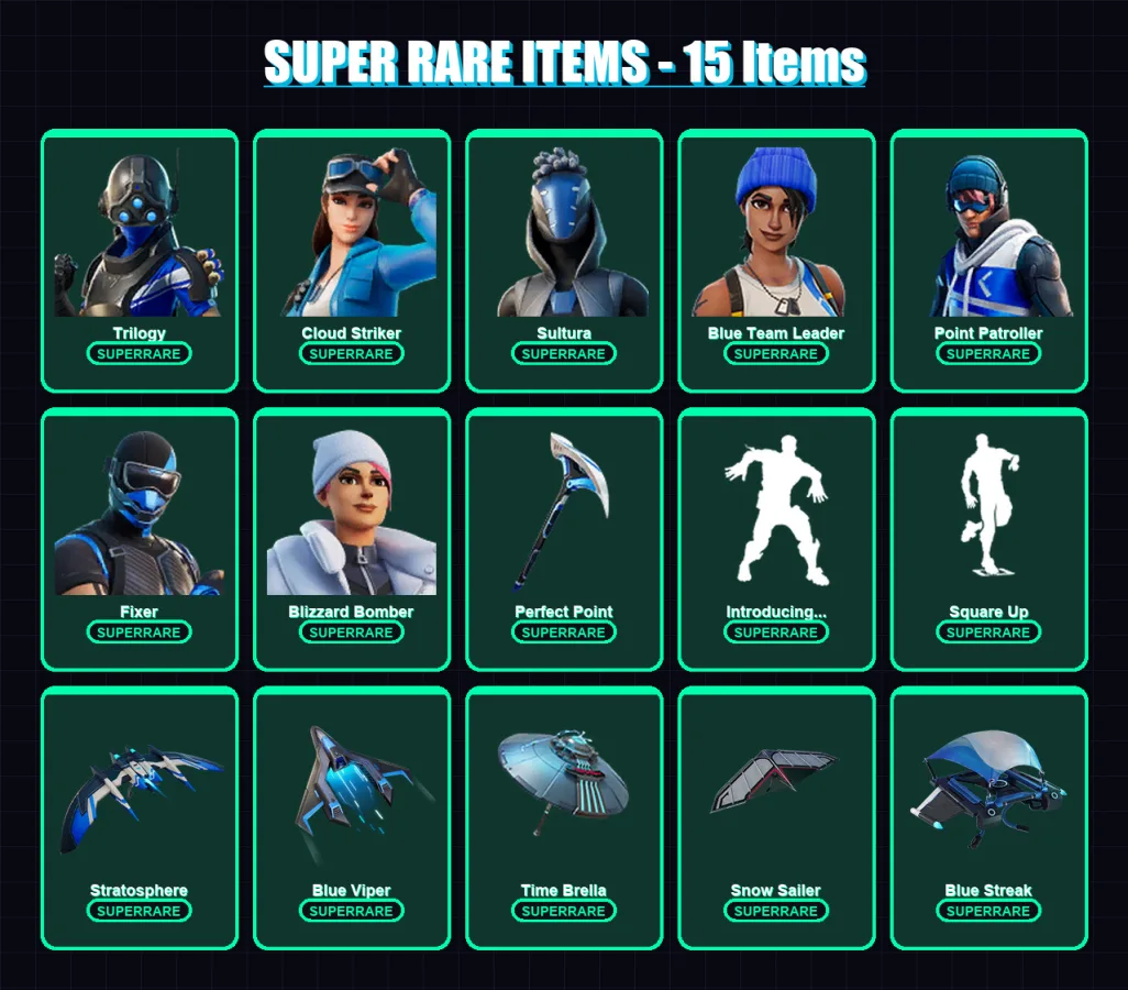 [PS4/PS5/XBOX/PC] | Trilogy | Cloud Striker | Sultura | Blue Team Leader | Point Patroller | 235 skin | 285 pickaxe | 199 emote | 188 glider | Lv226