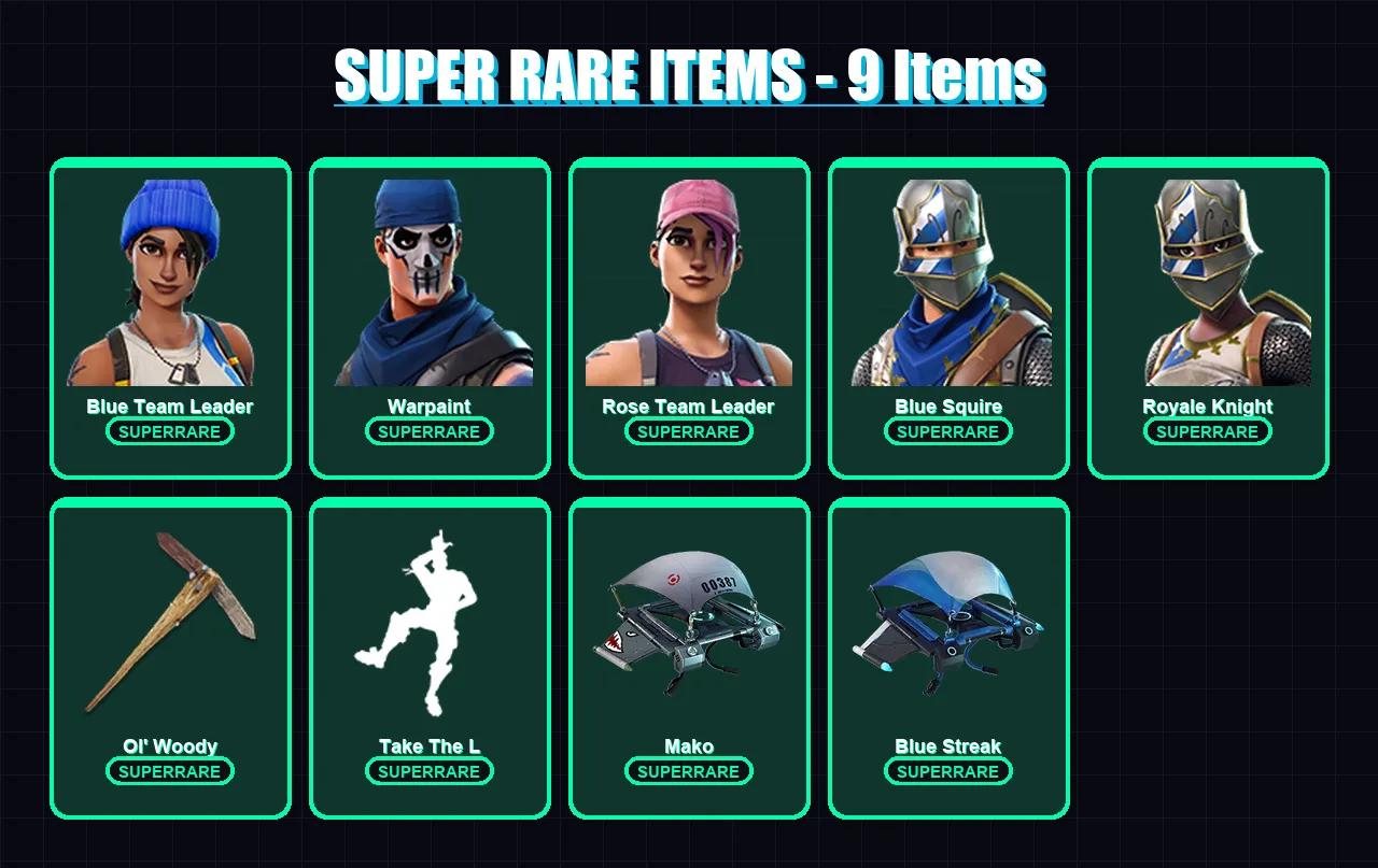 [PS4/PS5/XBOX/PC] | Blue Team Leader | Warpaint | Rose Team Leader | Blue Squire | Royale Knight | 10 skin | 10 pickaxe | 14 emote | 13 glider | Lv1