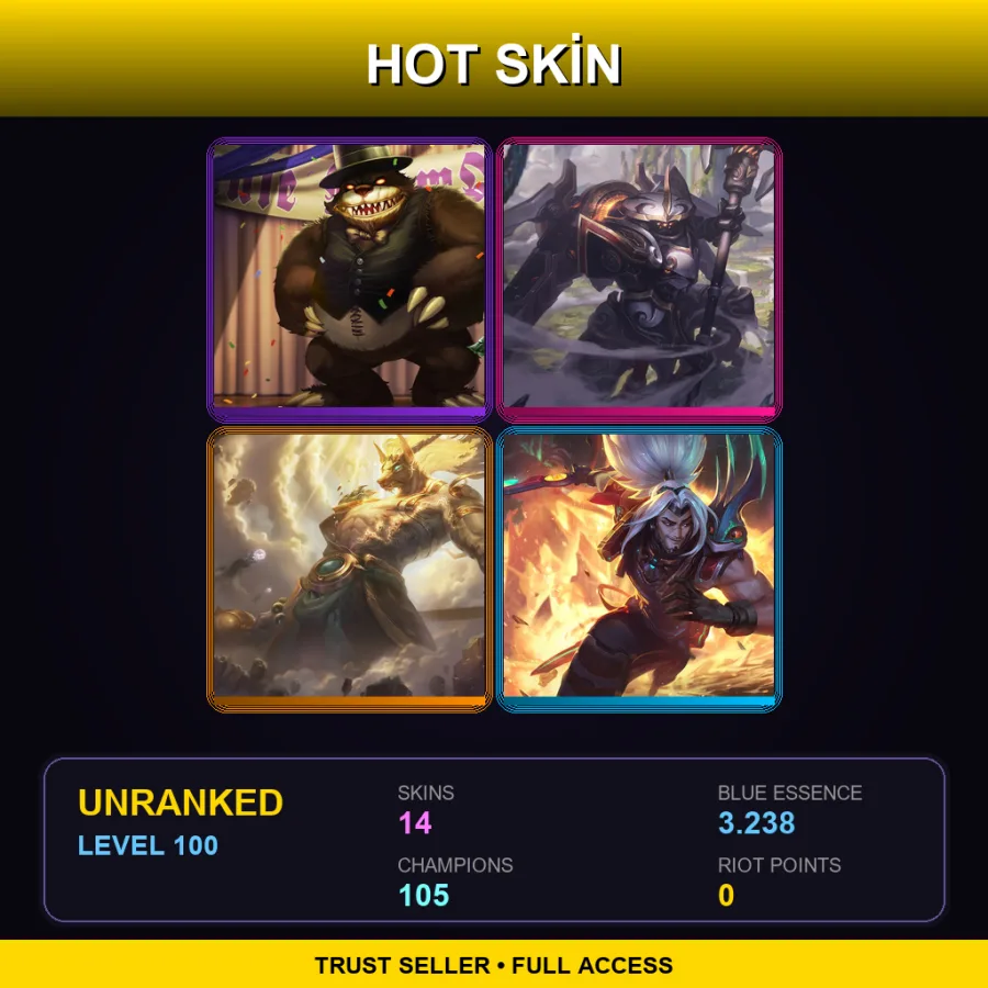 VN | Lv100 | Unranked | 14 Skin | 105 Champ — LoL account