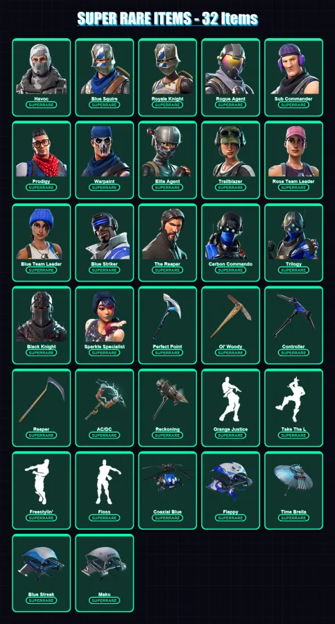 [PS4/PS5/XBOX/PC] | Havoc | Blue Squire | Royale Knight | Rogue Agent | Sub Commander | 88 skin | 66 pickaxe | 70 emote | 64 glider | Lv880