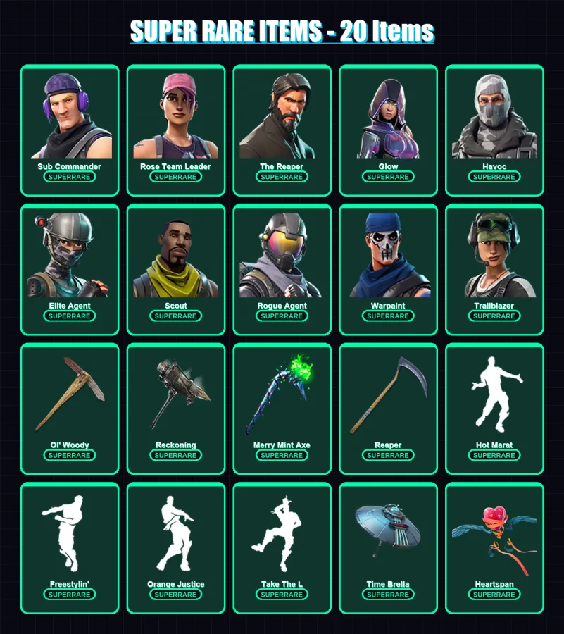 [PC] | Sub Commander | Rose Team Leader | The Reaper | Glow | Havoc | 141 skin | 109 pickaxe | 126 emote | 88 glider | Lv1253