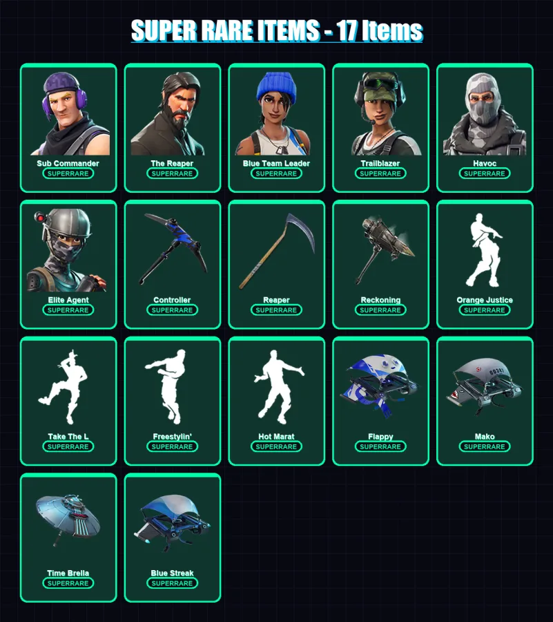 [PC/XBOX/PSN] | Sub Commander | The Reaper | Blue Team Leader | Trailblazer | Havoc | 50 skin | 30 pickaxe | 42 emote | 40 glider | Lv592 — Fortnite account