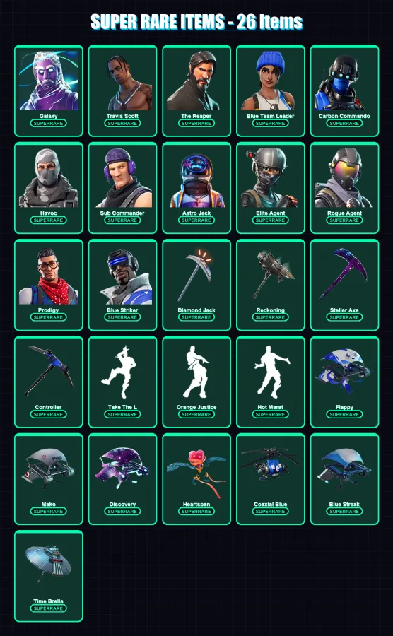 [PS4/PS5/XBOX/PC] | Galaxy | Travis Scott | The Reaper | Blue Team Leader | Carbon Commando | 144 skin | 122 pickaxe | 157 emote | 125 glider | Lv14