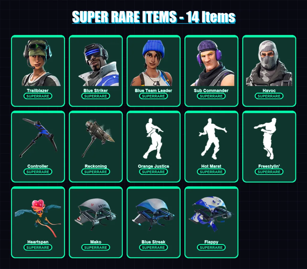 [PC/PSN] | Trailblazer | Blue Striker | Blue Team Leader | Sub Commander | Havoc | 34 skin | 51 pickaxe | 59 emote | 66 glider | Lv1365