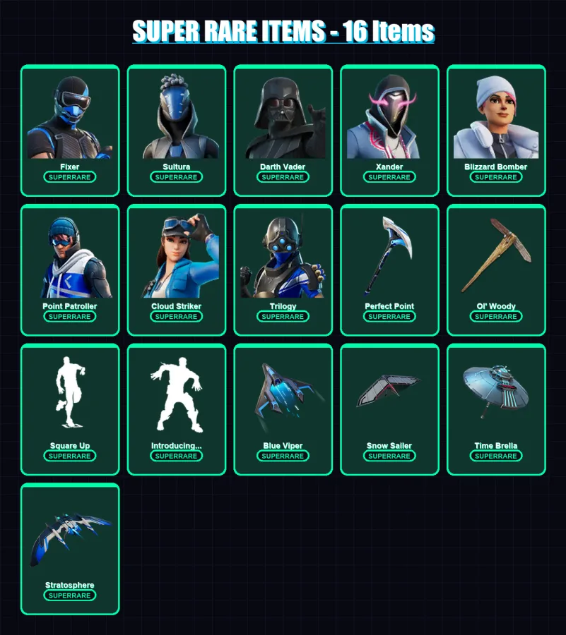 [PS4/PS5/PC] | Fixer | Sultura | Darth Vader | Xander | Blizzard Bomber | 223 skin | 225 pickaxe | 163 emote | 158 glider | Lv2260