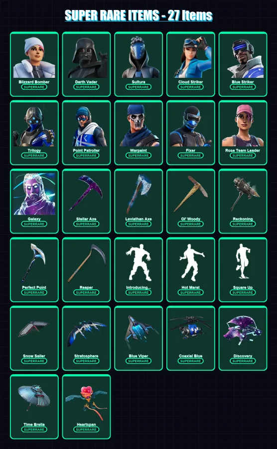 [PS4/PS5/XBOX/PC] | Blizzard Bomber | Darth Vader | Sultura | Cloud Striker | Blue Striker | 226 skin | 208 pickaxe | 168 emote | 167 glider | Lv214
