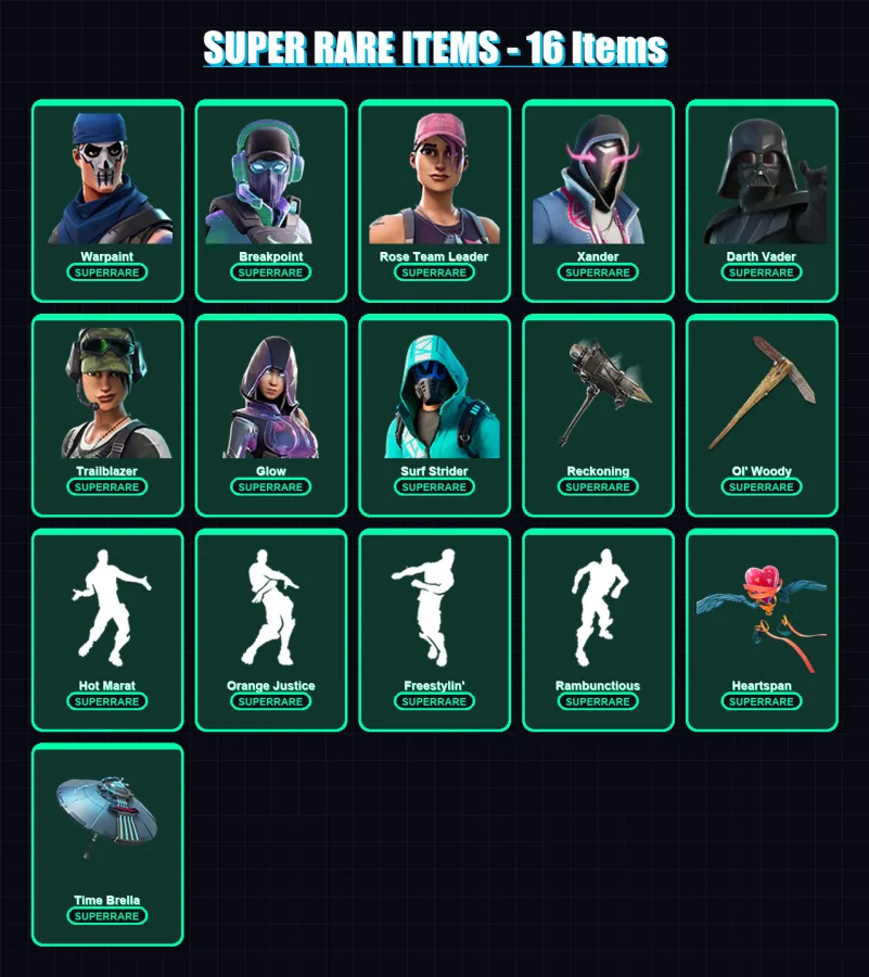 [PC] | Warpaint | Breakpoint | Rose Team Leader | Xander | Darth Vader | 285 skin | 265 pickaxe | 296 emote | 219 glider | Lv3025