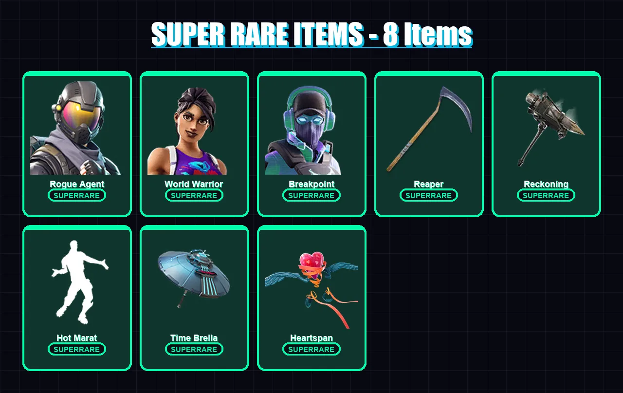 [PS4/PS5/XBOX/PC] | Rogue Agent | World Warrior | Breakpoint | Blackheart | Enforcer | 68 skin | 44 pickaxe | 58 emote | 54 glider | Lv667