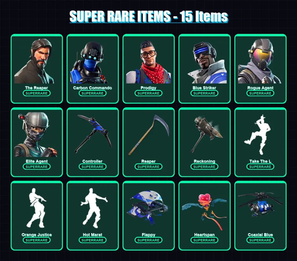 [PS4/PS5/XBOX/PC] | The Reaper | Carbon Commando | Prodigy | Blue Striker | Rogue Agent | 59 skin | 43 pickaxe | 54 emote | 48 glider | Lv605
